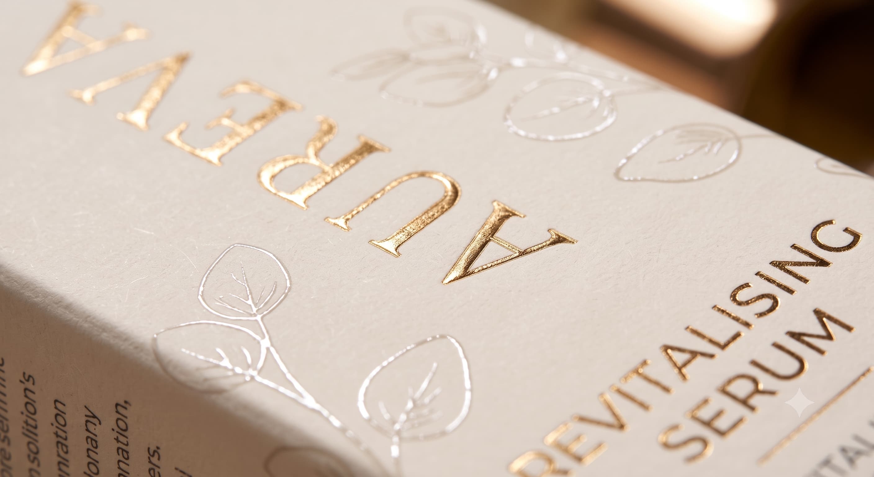 Foil Stamping — finishing detail on AUREVA packaging