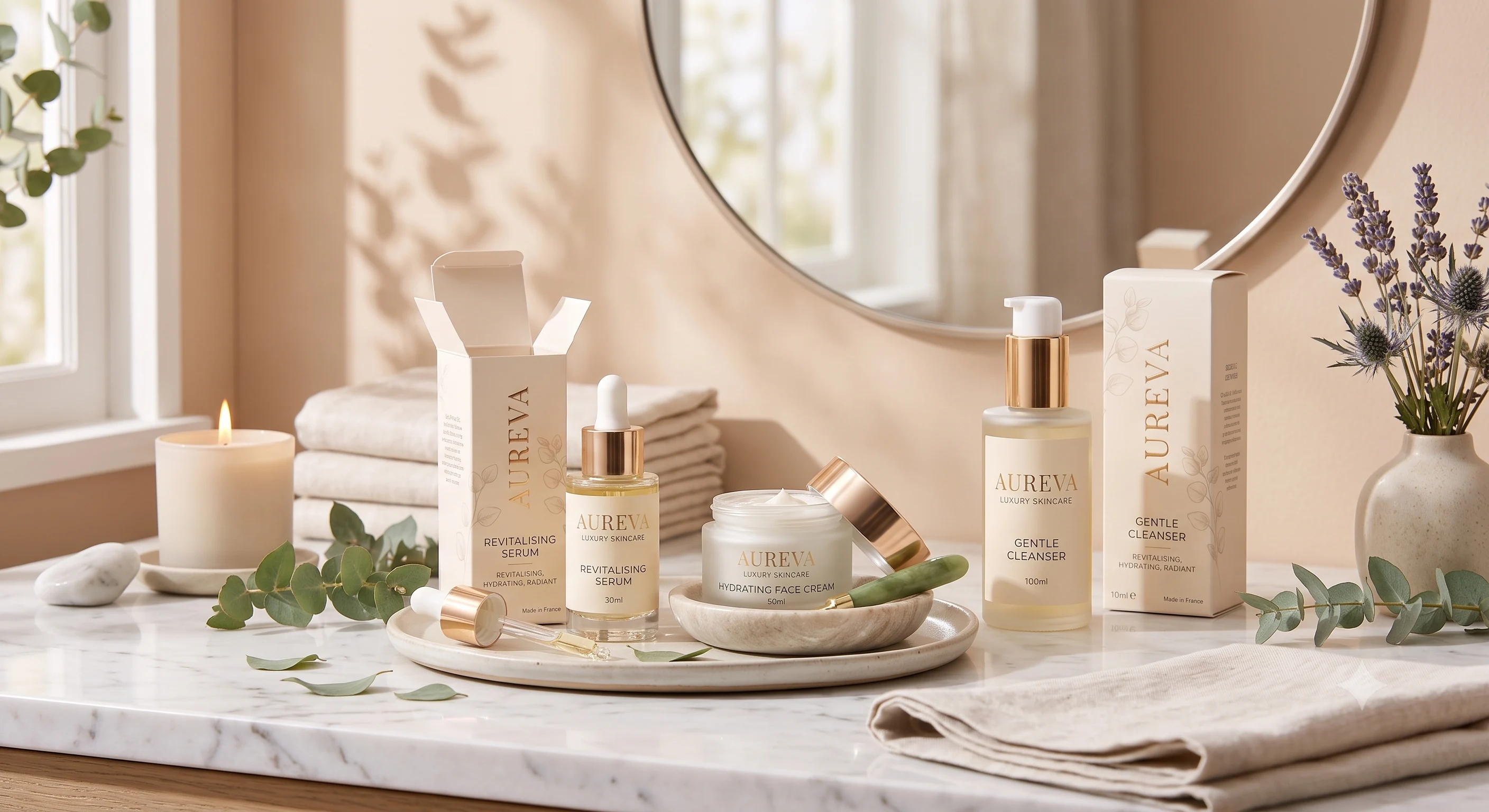 AUREVA luxury skincare packaging presented in an editorial scene