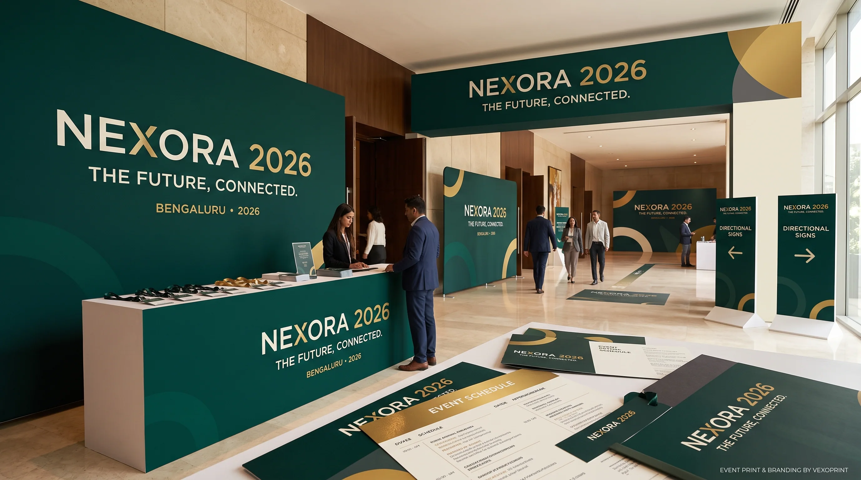 NEXORA 2026 corporate event print and branding concept