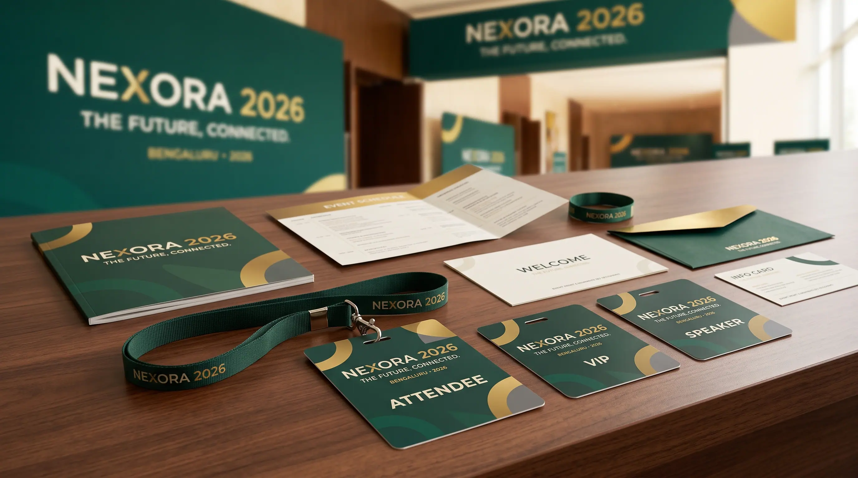 NEXORA event registration badges and branded lanyards
