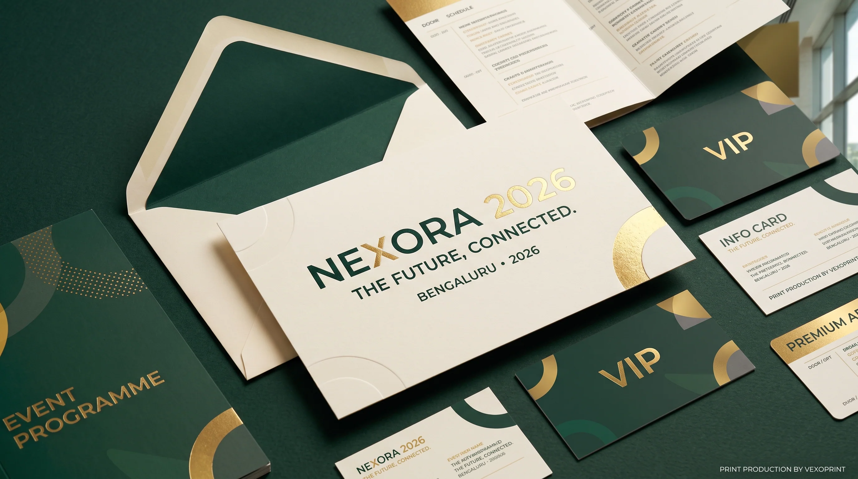 NEXORA premium event invitation and printed collateral