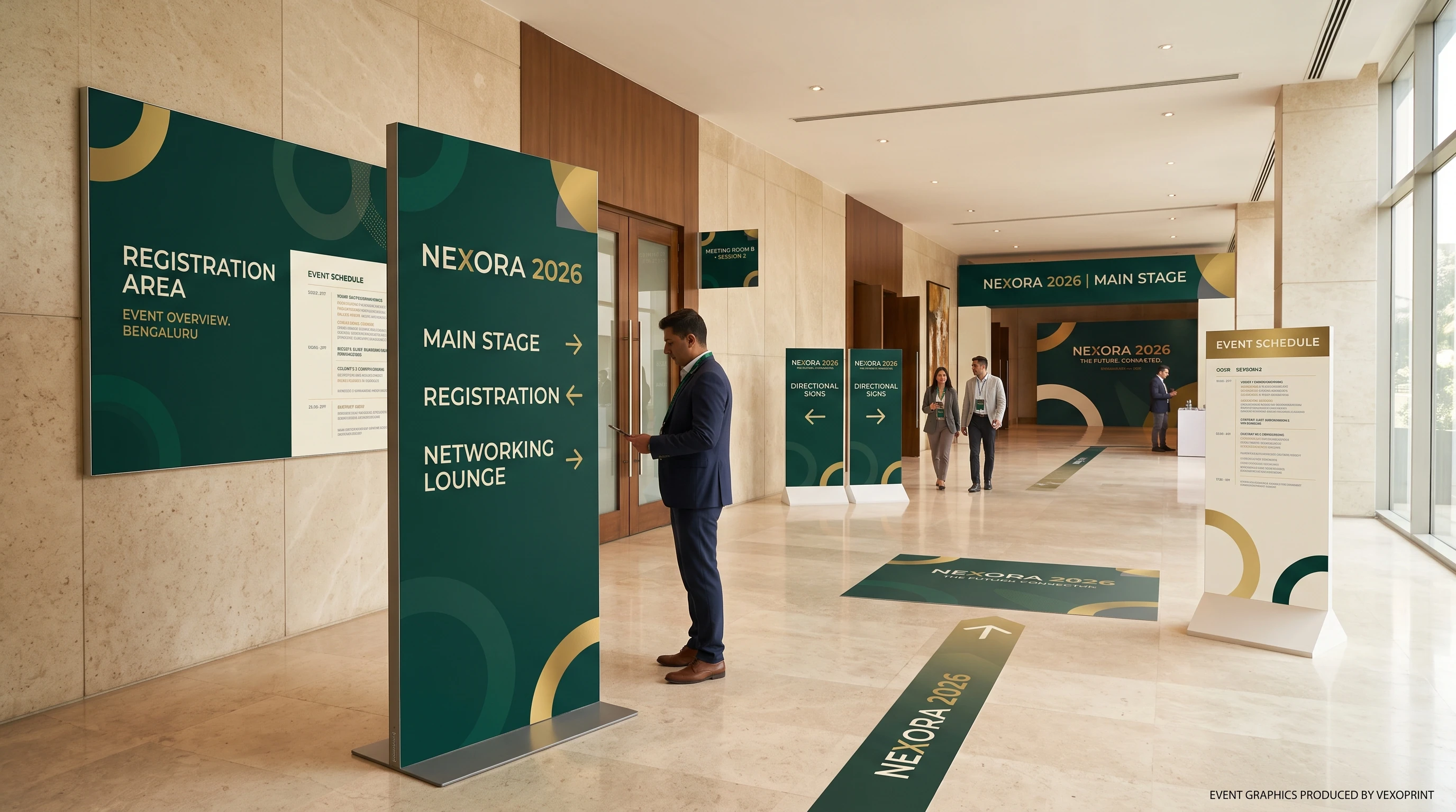 NEXORA corporate event signage and wayfinding system