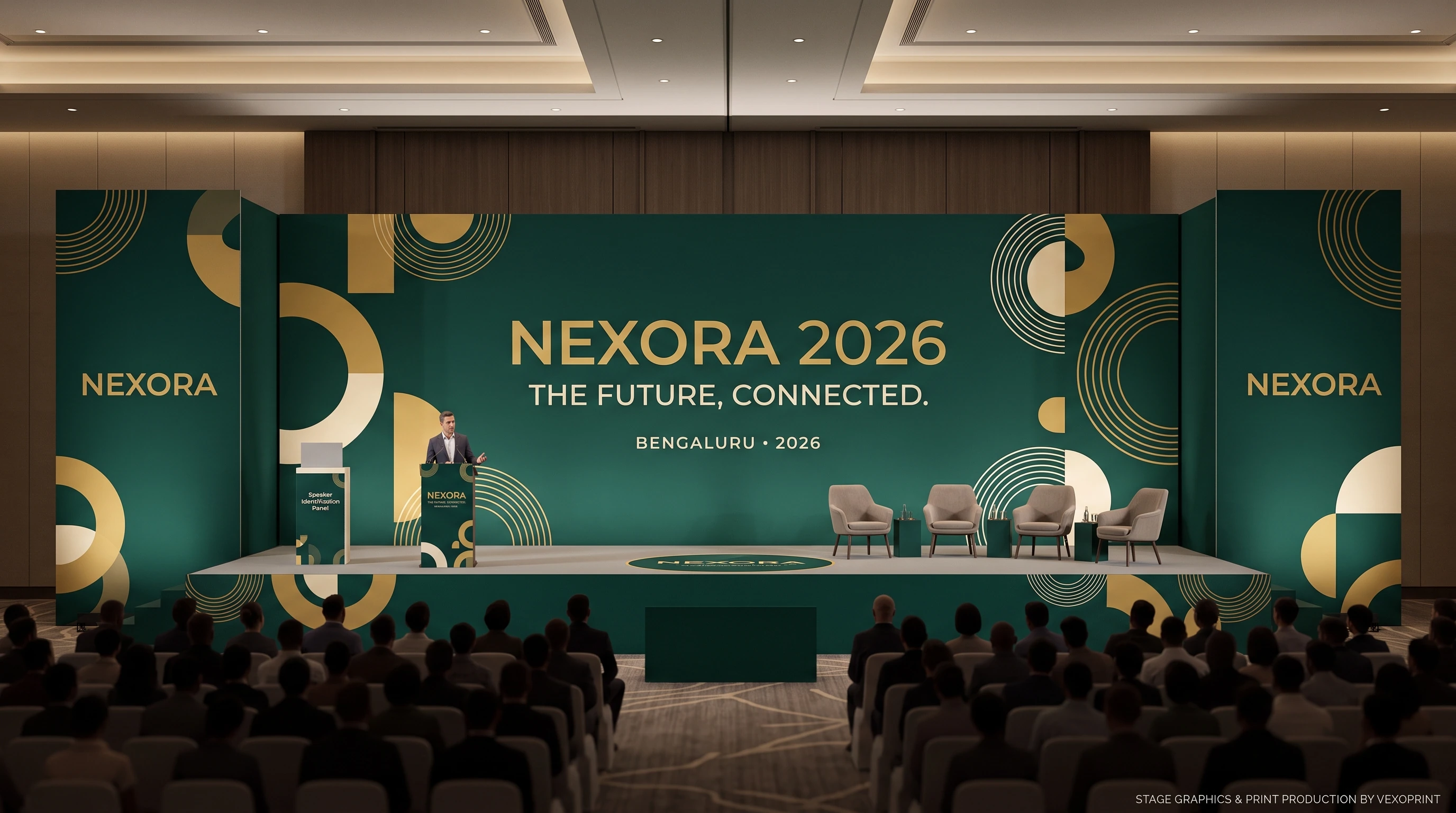 NEXORA conference stage backdrop branding concept